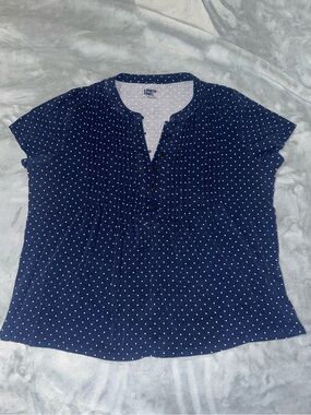 Lands' End Navy and White Polka Dot Short Sleeve Henley